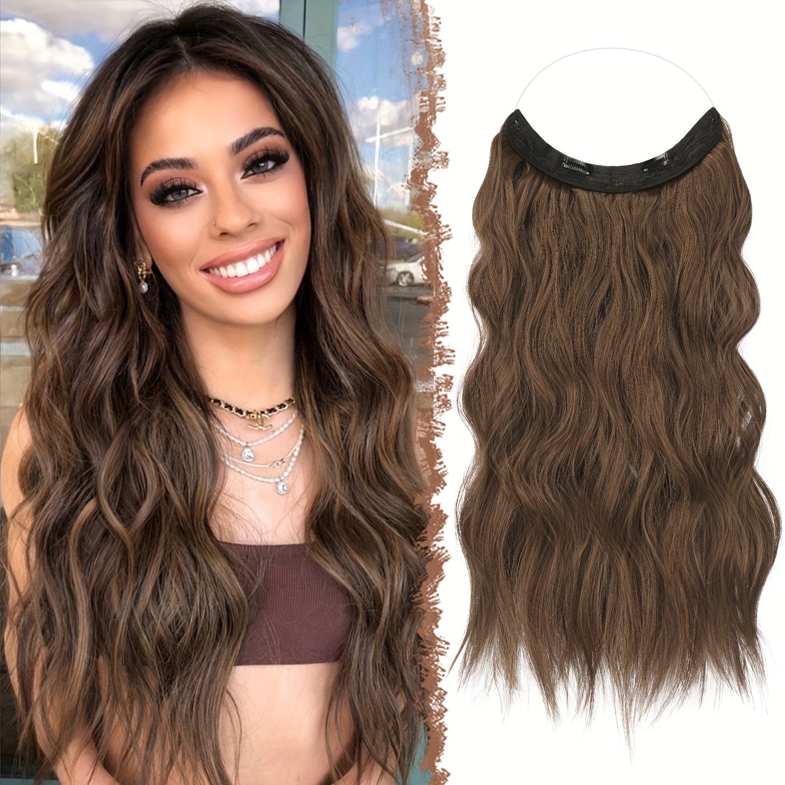 Invisible Wire Hair Extensions 20 Inch – Transparent Wire Long Wavy Synthetic Hairpiece with Secret Headband & Clips for Women, Dark Ash Blonde Mixed Bleach Blonde