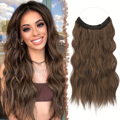 Invisible Wire Hair Extensions 20 Inch – Transparent Wire Long Wavy Synthetic Hairpiece with Secret Headband & Clips for Women, Dark Ash Blonde Mixed Bleach Blonde