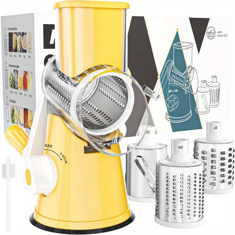 Rotary Cheese Grater Hand Crank Shredder with 3 Interchangeable Blades – Non-Slip Suction Base for Cheese, Vegetables & Nuts, Includes Cleaning Brush, Red