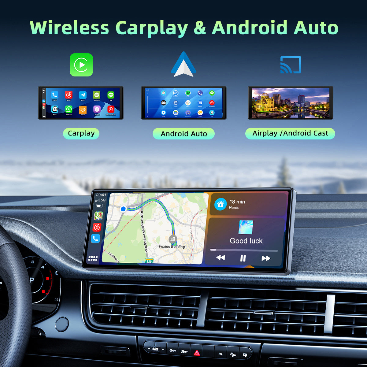 Lamtto 9.26 inch Car Stereo for Wireless Car play and Android Auto, Portable Carplay Screen for Car, with FM, GPS Navigation, AirPlay, AUX/FM, Bluetooth, Voice Control for Android 11+ (7-inch, 9-inch, and 9.26-inch models are available)