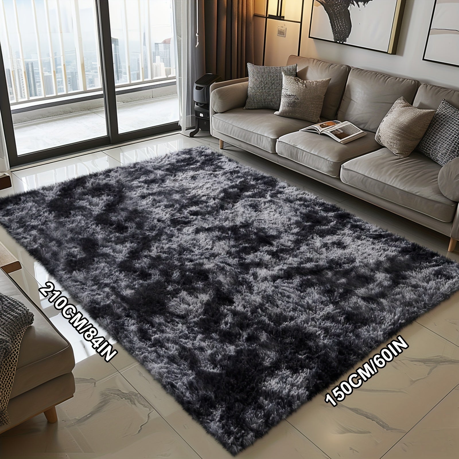 Fluffy Soft Area Rug – Luxury Non-Slip Indoor Carpet for Living Room, Bedroom & Home Decoration, Ultra-Plush Floor Rug, 7 Colours & 5 Sizes, Tie-Dye Black White Navy Blue Grey