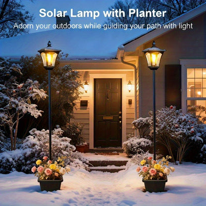 Solar Lamp Post Outdoor 63" with Built-In Planter Box – HOODINK Waterproof Garden Light, Auto Dusk-to-Dawn, 4 Solar Panels for Backyard, Driveway & Pathway