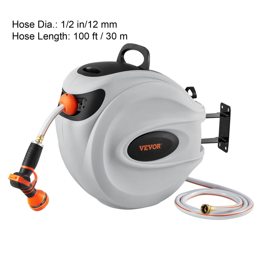 VEVOR Retractable Hose Reel Water Hose Reel 65'x5/8" / 84'x5/8" / 100'x1/2" / 115'x1/2" / 130'x1/2" 180° Swivel Wall-Mounted