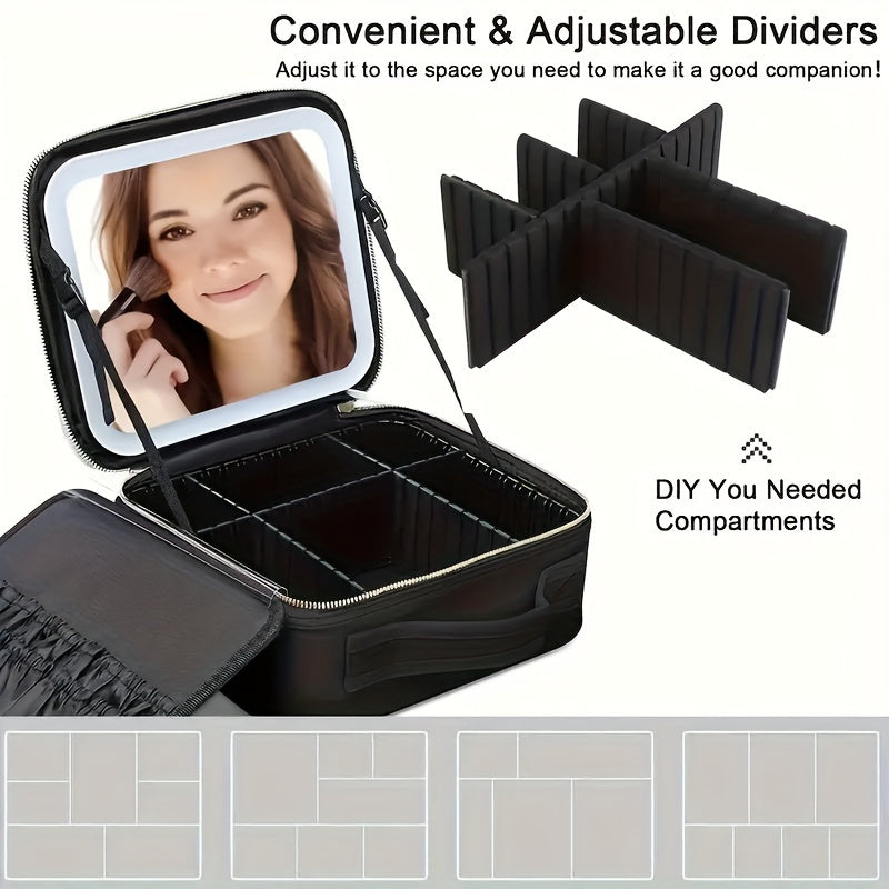 Makeup Bag With Mirror Of LED Lighted, Travel Makeup Train Case Cosmetic Bag Organizer With Mirror And Lights, Make Up Bag With Light Up Mirror Adjustable Divider Brush Board, Christmas Halloween Thanksgiving Gift