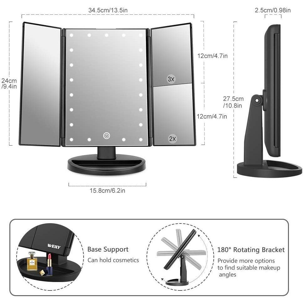 Vanity Makeup Mirror 1x/2x/3x Tri-Fold Makeup Mirror with 21 LED Lights and Adjustable Touch Screen Lighted Mirror Dressing Mirrors for Women