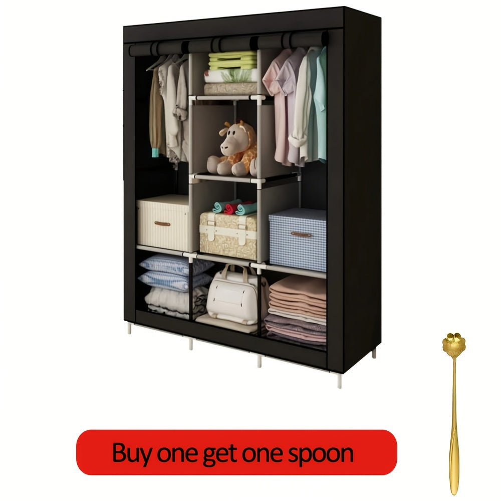 Portable Wardrobe Closet Clothes Organizer Non-Woven Fabric Cover With 2-6 Storage Shelves, 2 Hanging Sections, Size 66.93*50.39*17.72inch/57.48*22.05*17.32 inch, Dustproof With A Curtain, And Designed For Portability, Portable Closets