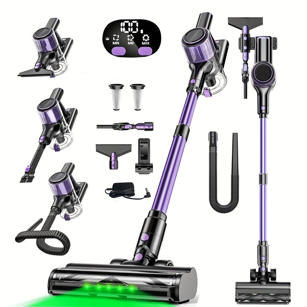 High Suction Power Home Cordless Vacuum Cleaner, 10-in-1 Lightweight Rechargeable Vacuum Cleaner, 3 Suction Modes, Long Battery Life, with Upgraded Extra-long Hose, Anti-tangle Brushes, Green LED Light for Hard Floors, Blankets And Pet Hair Cleaning.