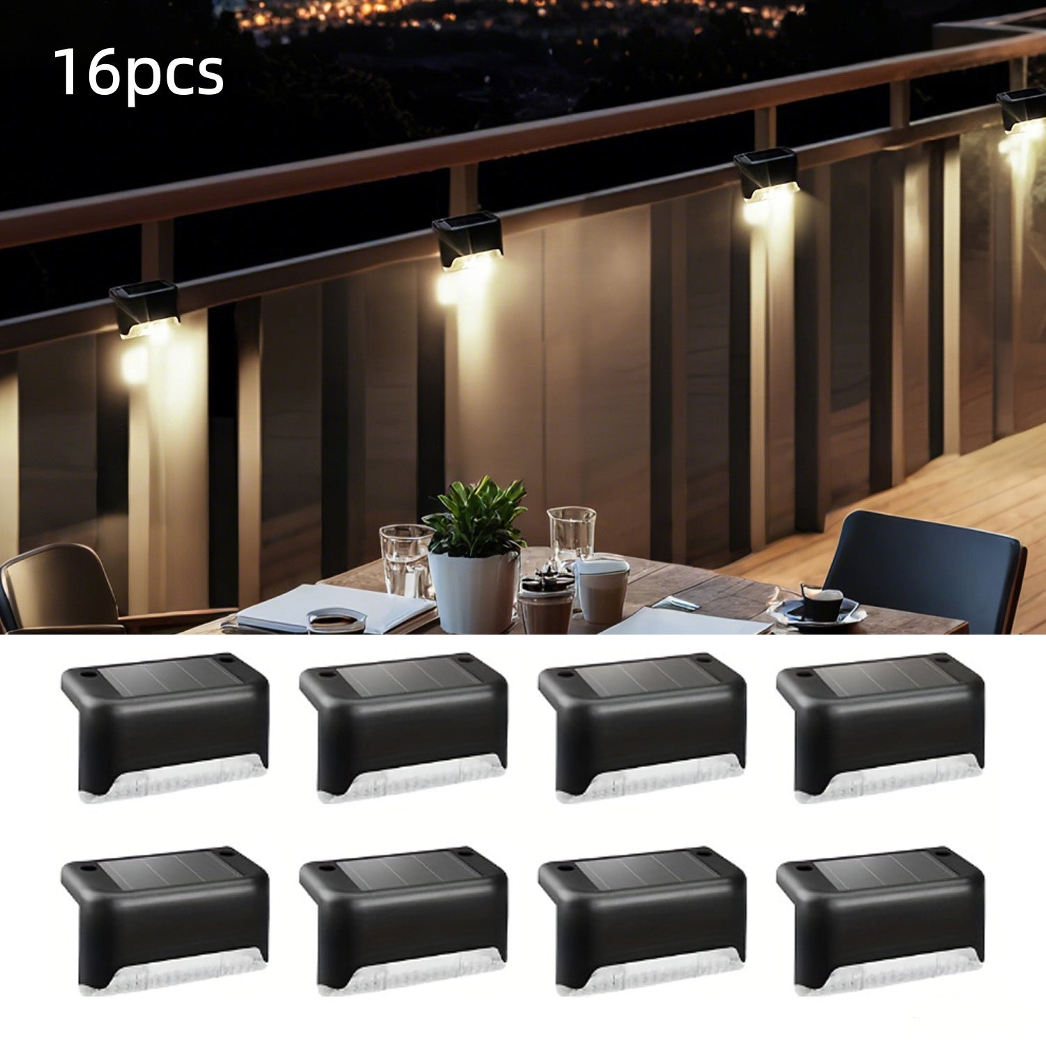 Solar Step Lights Embedded 16-Pack Flush-Mount Deck & Stair Lights with Warm White or Cool White LED – Waterproof Landscape Guide Lights for Outdoor Stairs, Balcony, Courtyard, Villa & Garden Pathway