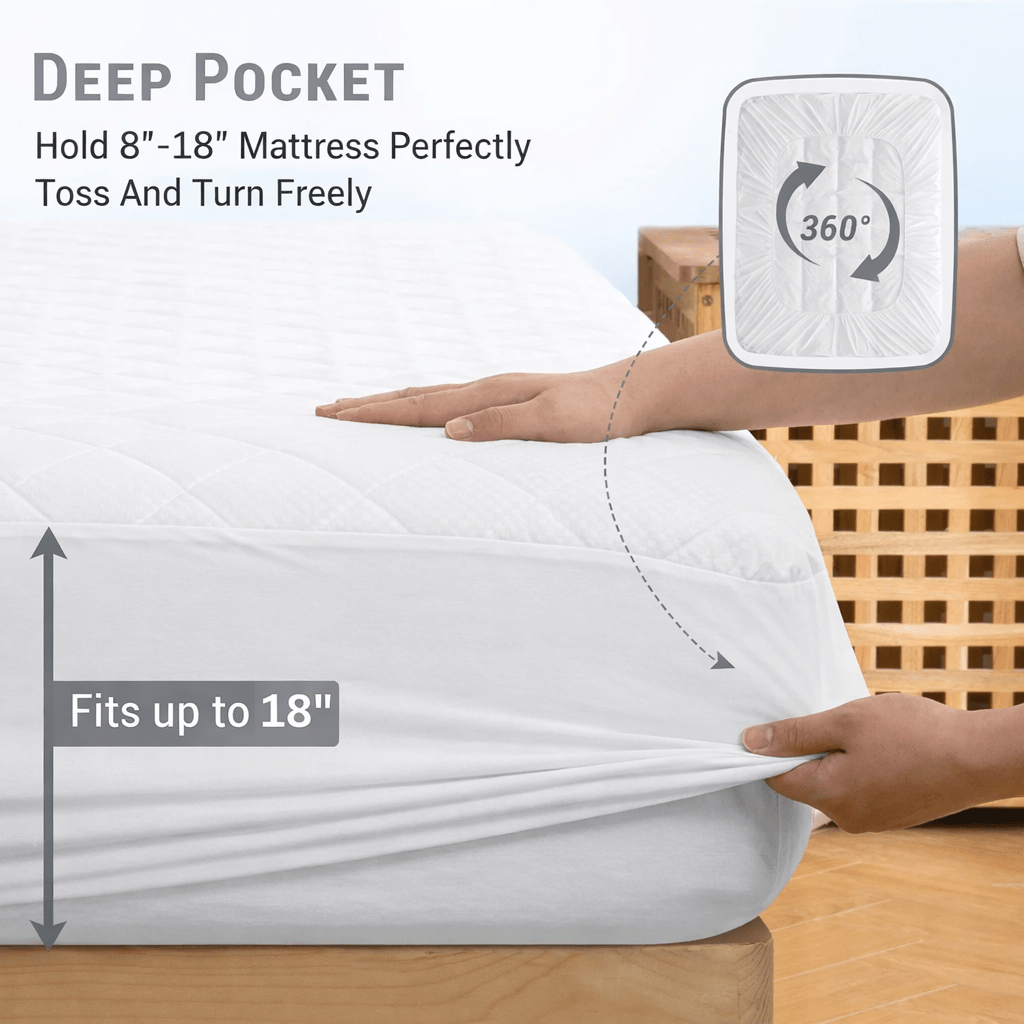 18-Inch Deep Grip Waterproof Mattress Protector – Soft Quilted Noiseless Fitted Cover with Liquid Shielding, Secure Stretch Fit, Machine Washable – Twin Full Queen King