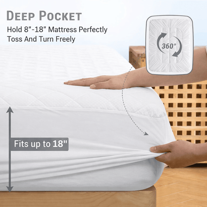 18-Inch Deep Grip Waterproof Mattress Protector – Soft Quilted Noiseless Fitted Cover with Liquid Shielding, Secure Stretch Fit, Machine Washable – Twin Full Queen King