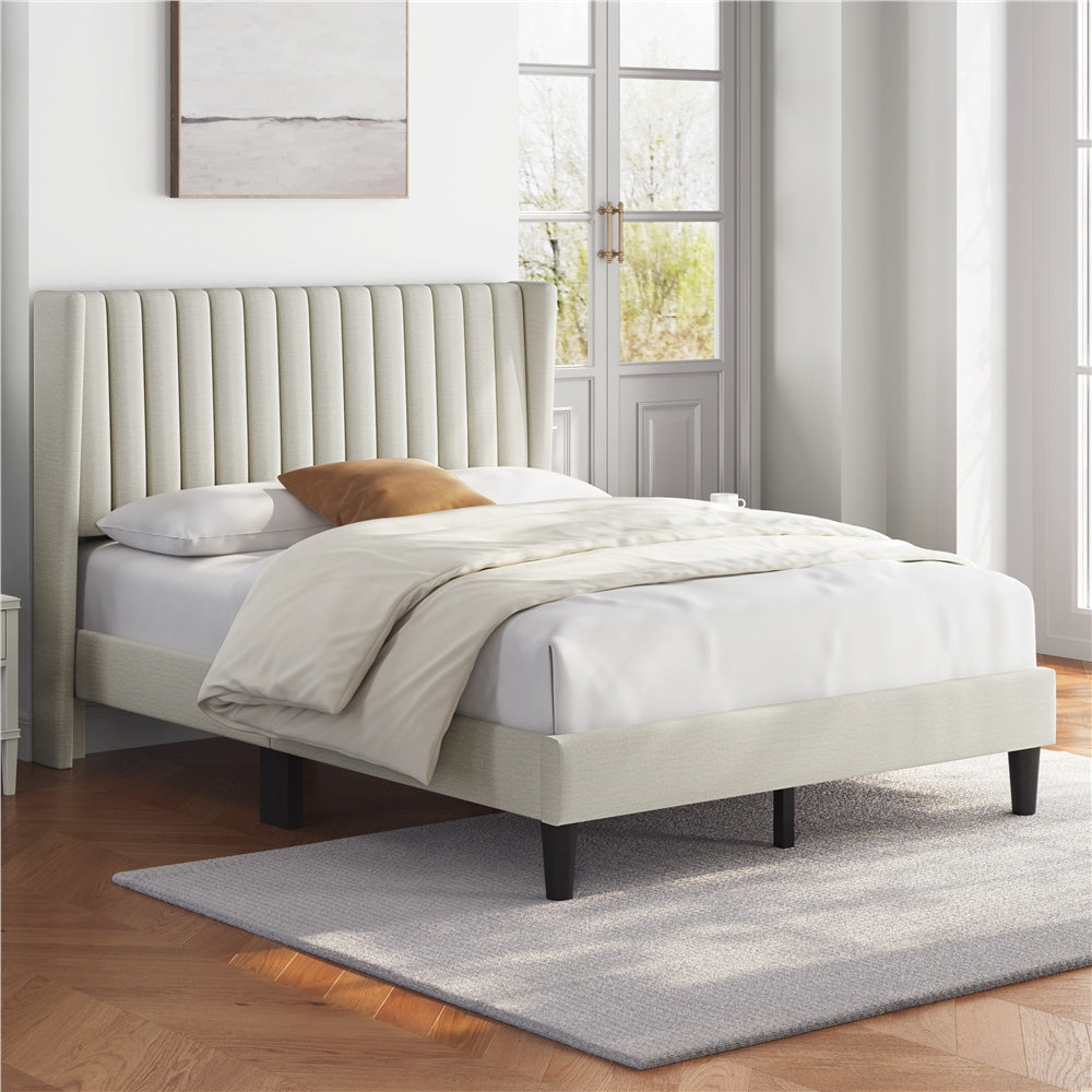 Upholstered Platform Bed Frame with Channel Tufted Headboard and Wing Side - Fabric Bed No Box Spring Needed, Wood Slat Support, 800 lb Capacity, King Queen Full, Ivory Dark Gray Black Canada