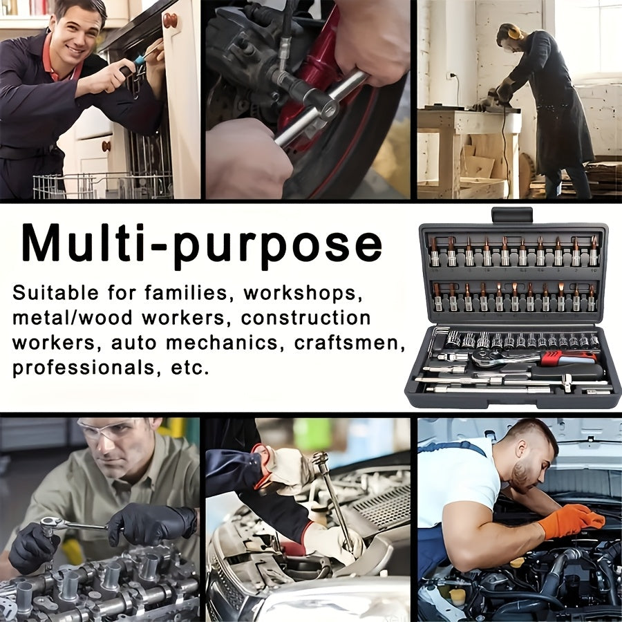 46/52+1/215+1pc Car Repair Tool Set, Ratchet Wrench, Metric Socket Screwdriver Bits, Including A Set Of Mechanical Tools, Extension Rod,  Joint, Slide Rod, SAE And Metric Sockets, Suitable for Vehicle, Industrial Equipment Maintenance