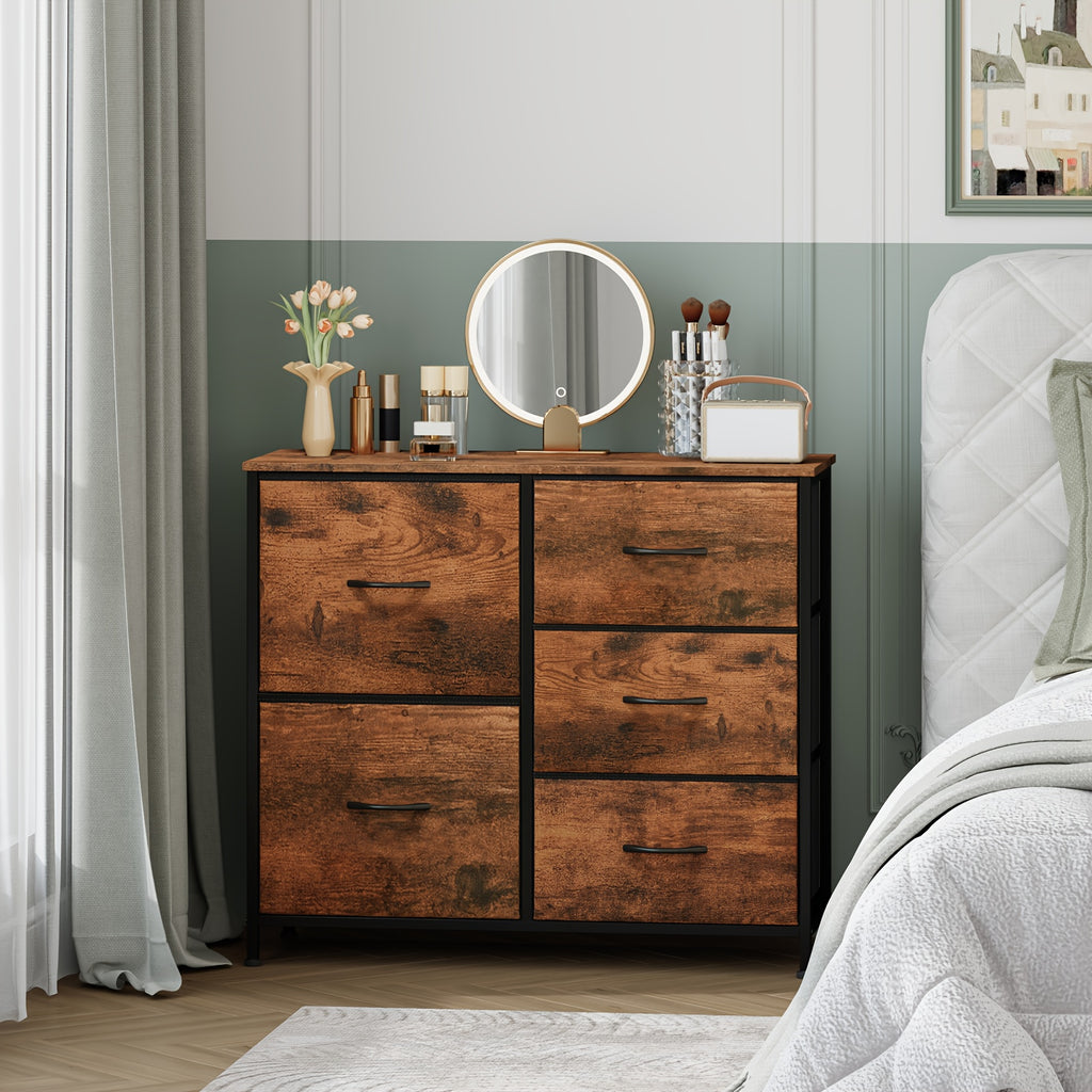 EUNOS Dresser for Bedroom with 5 Drawers, Wide Storage Chest Of Drawers with Removable Fabric Bins for Closet Bedside Living Room Laundry Entryway Hallway