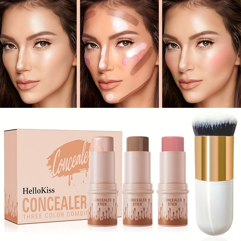 Cream Contour Kit 3pcs - Hellokiss Waterproof Blush Highlighter Bronzer Sticks with Brush, Non-Greasy Plant-Based Squalane Formula, Long-Lasting Flawless Finish for All Skin Types
