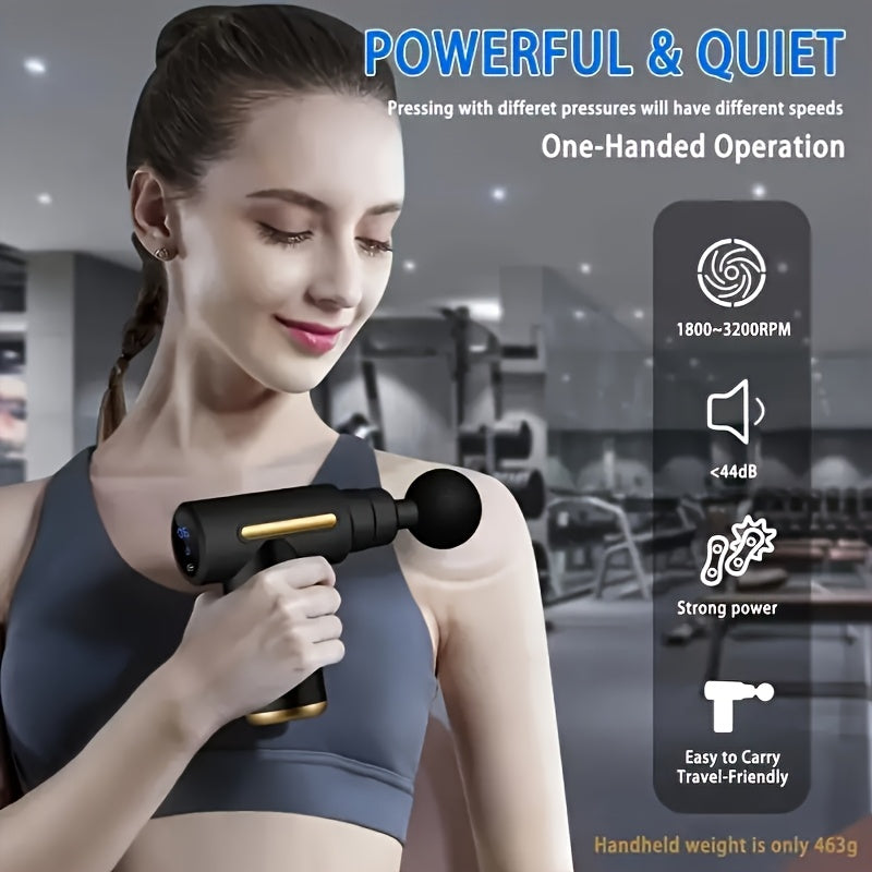 Compact Massage Device Featuring an LED Display - Rechargeable Muscle Soother, Comes with 4 Interchangeable Attachments, Powered by a 1200Mah Lithium Battery, Designed in Black And Golden, Ideal for Home And Travel