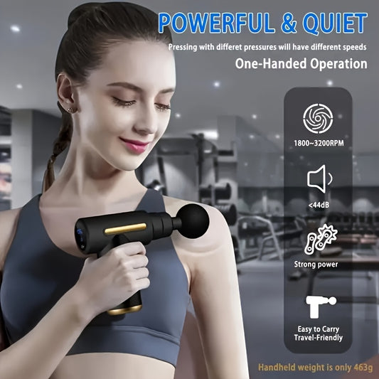 Compact Massage Device Featuring an LED Display - Rechargeable Muscle Soother, Comes with 4 Interchangeable Attachments, Powered by a 1200Mah Lithium Battery, Designed in Black And Golden, Ideal for Home And Travel