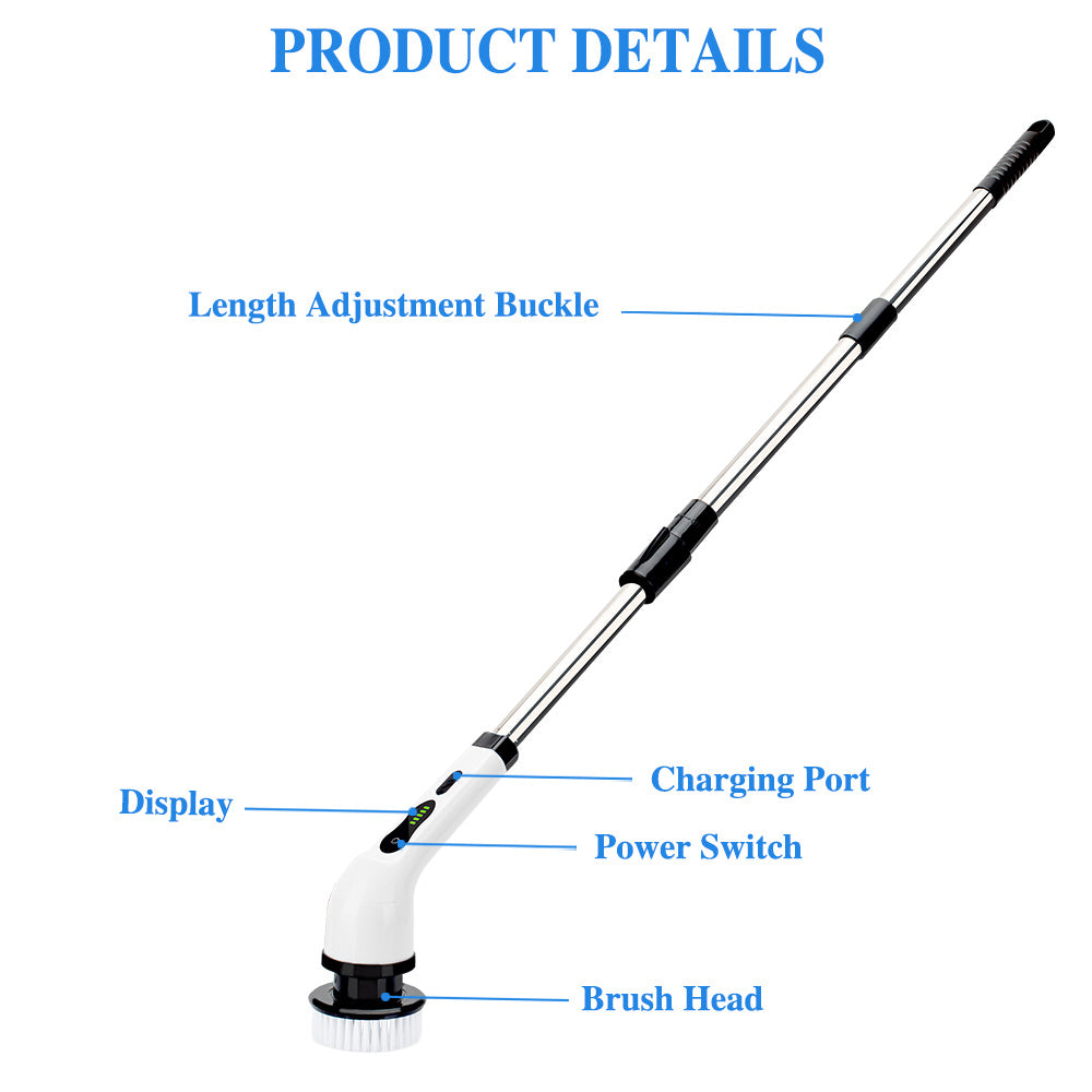 Cordless Electric Spin Scrubber – 9 Replaceable Brush Heads, Extendable Alloy Arm to 125cm, Dual Speed, for Floors, Bathrooms, Bathtubs & Car Cleaning