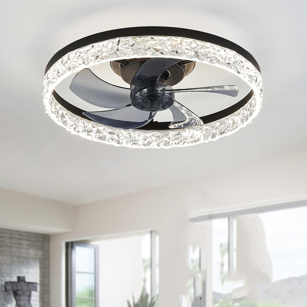 Low Profile Ceiling Fans with Lights And Remote, Fandelier Ceiling Fan Flush Mount 19.7-Inch, 3000K-6500K Smart Bladeless LED Fan Light, Black Modern Ceiling Fans with Lights for Bedroom