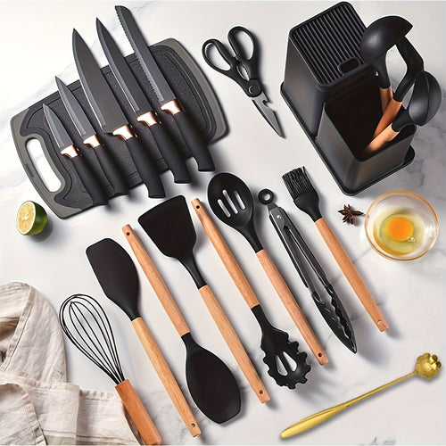 20-Piece Kitchen Cooking Utensils & Knife Set with Block – 11pc Silicone Utensil Set, 5 Stainless Steel Chef Knives, Scissors, Whisk, Spoon & Cutting Board | 5 Colours | ShopVora CA