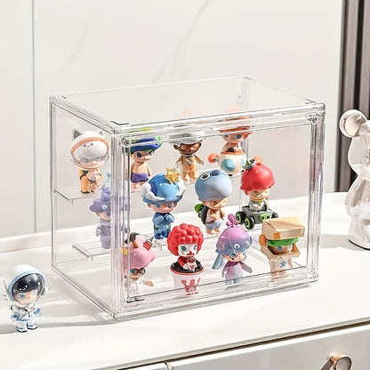 Transparent Acrylic Display Case with Magnetic Door & 2 Removable Dividers - Dustproof Stackable Showcase for Figures, Collectibles, Handbags & Cosmetics