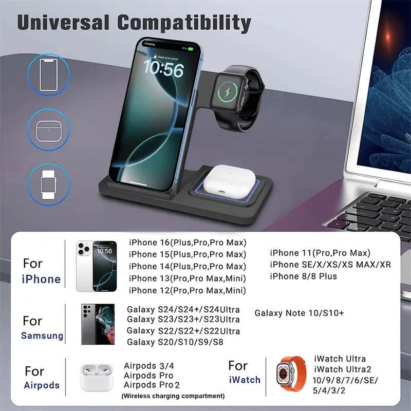 【Father's Day】Neohost 3-in-1 Wireless Charging Station for iPhone/Compatible with Phone 17, 16, 15 Pro Max, 13, 12, 11/Watch Series 10, 9, 8, 7, 6, 5, 4, 3, 2 & Ultra Models/Auto Accessories.A perfect mother's day gift