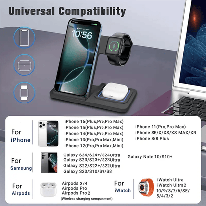 Foldable 3-in-1 Wireless Charging Station Neohost for iPhone 17 16 15 Pro Max 13 12 11 & Apple Watch Series 2-10 Ultra - Compact Fast Wireless Charger, Perfect Father's Day & Mother's Day Gift
