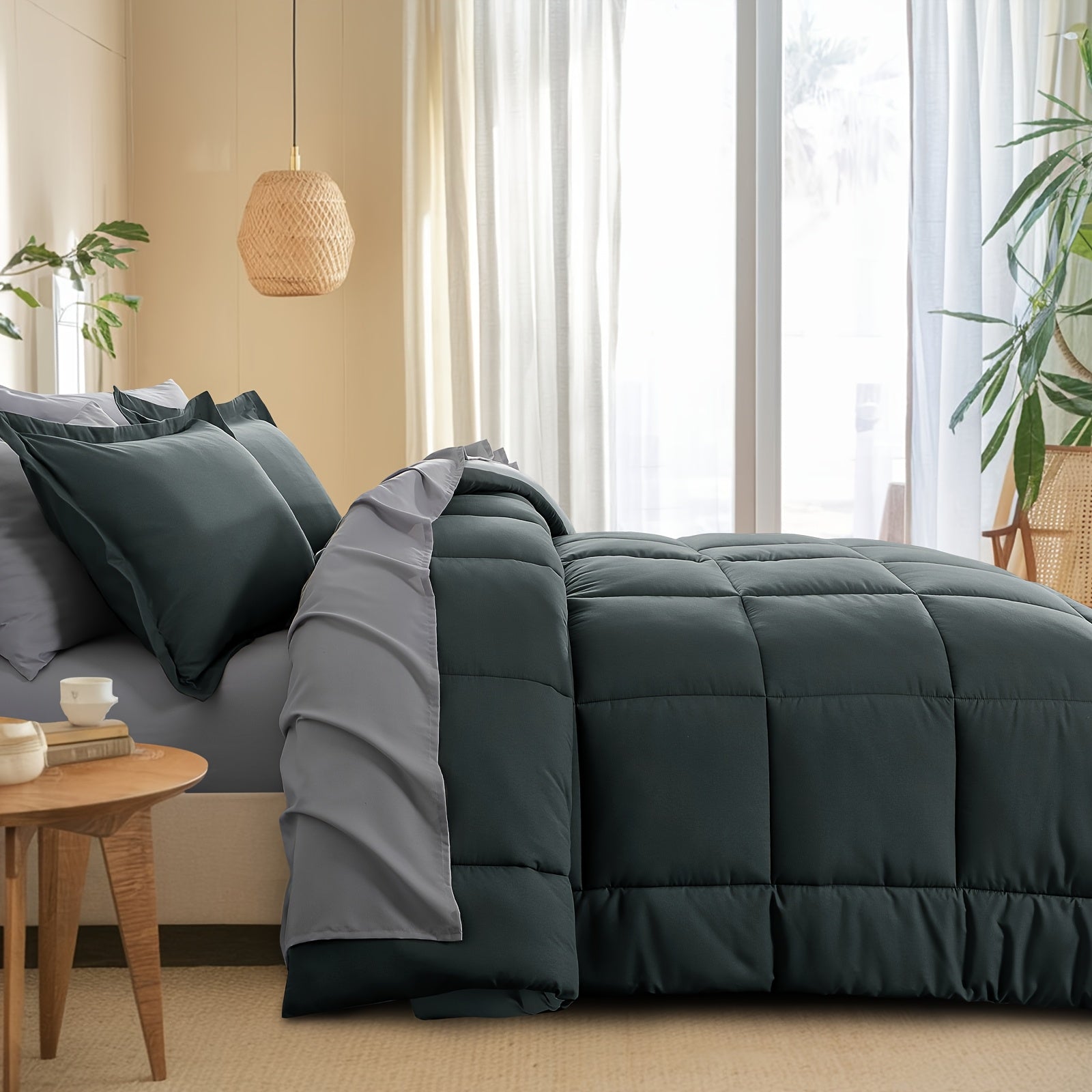 7pcs Reversible Bedding Set Soft Microfiber – Lightweight Breathable Comforter Flat Sheet Fitted Sheet & Pillowcases, All-Season Family Bedding Gift Set