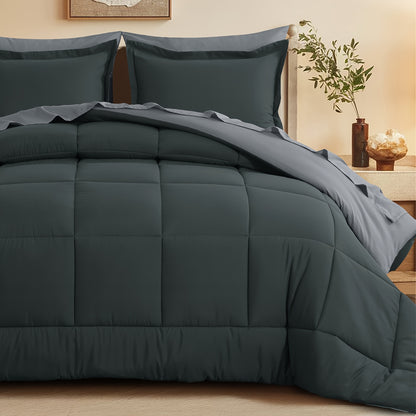 7pcs Reversible Bedding Set Soft Microfiber – Lightweight Breathable Comforter Flat Sheet Fitted Sheet & Pillowcases, All-Season Family Bedding Gift Set