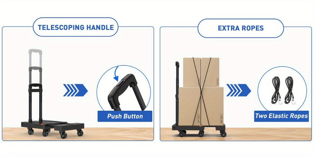 SPACEKEEPER Folding Hand Truck, 500 Lbs Heavy Duty Foldable Luggage Cart, 6 Wheels Utility Dolly Platform Cart with 2 Elastic Ropes, Portable Collapsible Dolly Cart with Extendable Base, Black Folding Cart, Travel, Moving, Shopping, Industry, Office