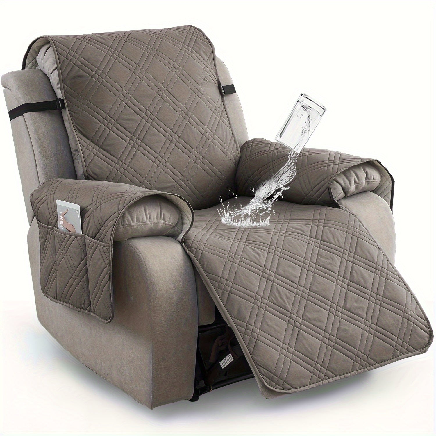 Waterproof Recliner Chair Cover Non-Slip Slipcover with Pocket – 5-Layer Quilted Furniture Protector for Pets, Washable, Easy Install, Elastic Straps – 9 Colours Including Black, Grey & Beige