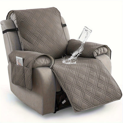 Waterproof Recliner Chair Cover Non-Slip Slipcover with Pocket – 5-Layer Quilted Furniture Protector for Pets, Washable, Easy Install, Elastic Straps – 9 Colours Including Black, Grey & Beige