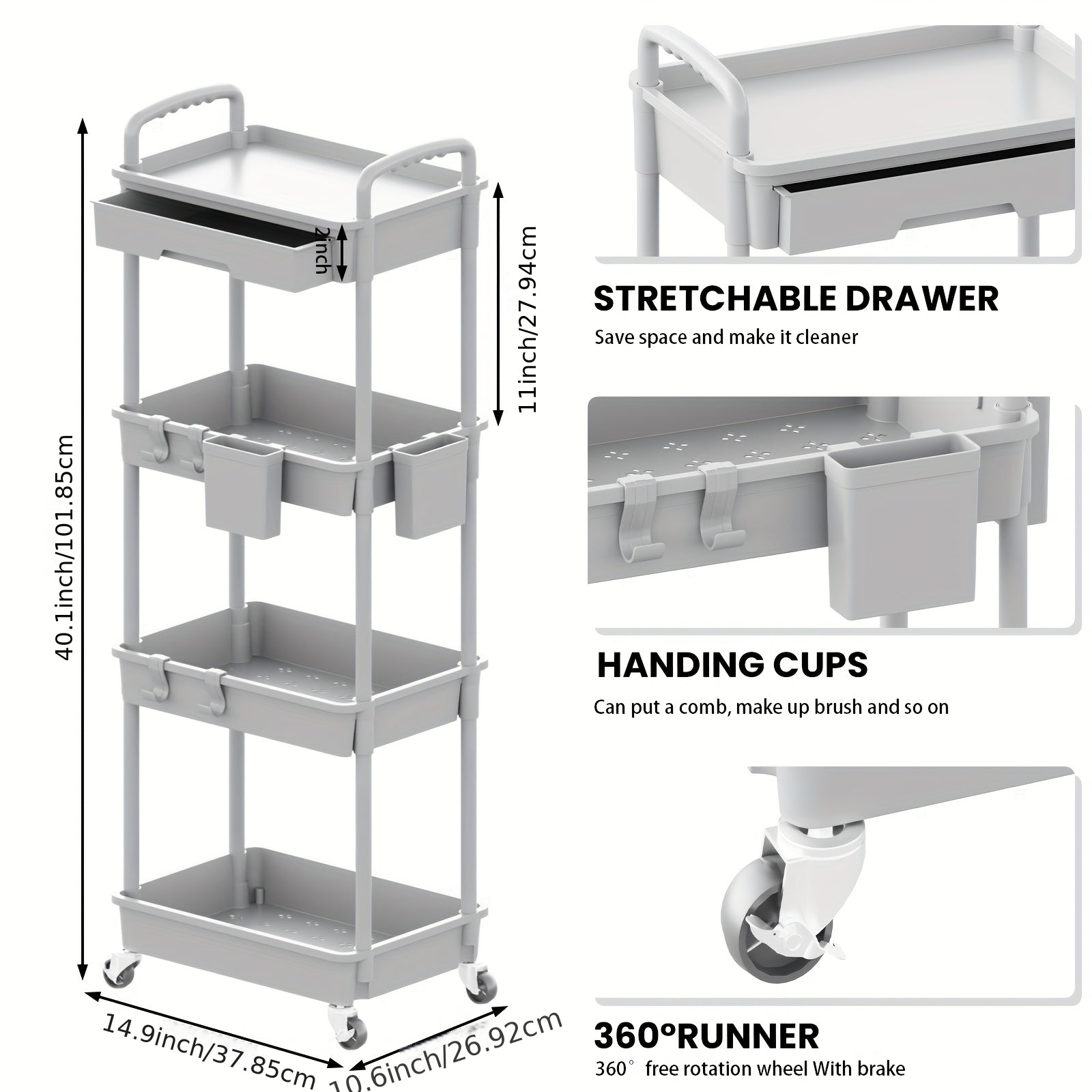 Rolling Storage Cart with Drawers & Hooks – 3 or 4 Tier, Wheels, Kitchen & Bathroom