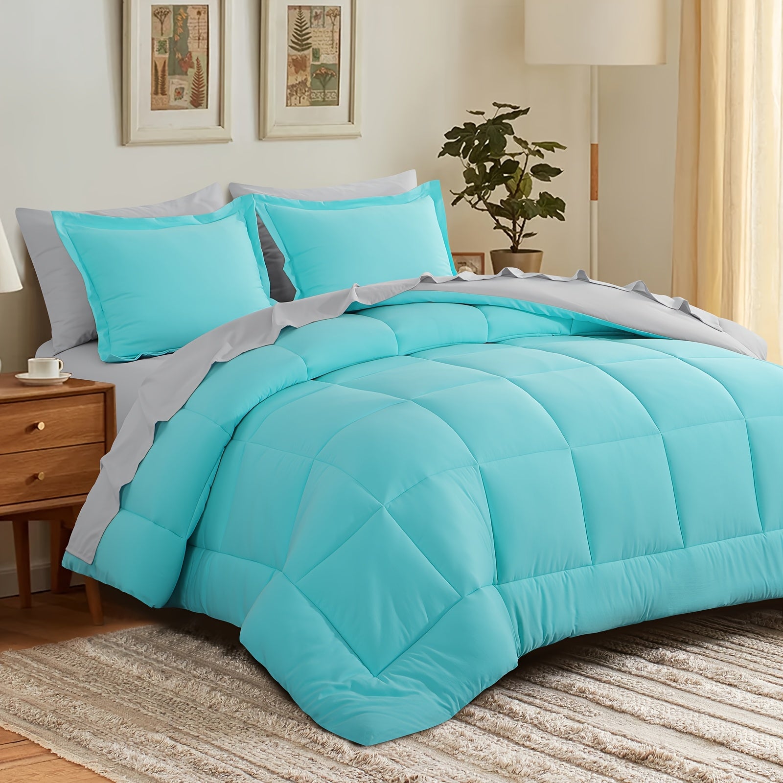 7pcs Reversible Bedding Set Soft Microfiber – Lightweight Breathable Comforter Flat Sheet Fitted Sheet & Pillowcases, All-Season Family Bedding Gift Set