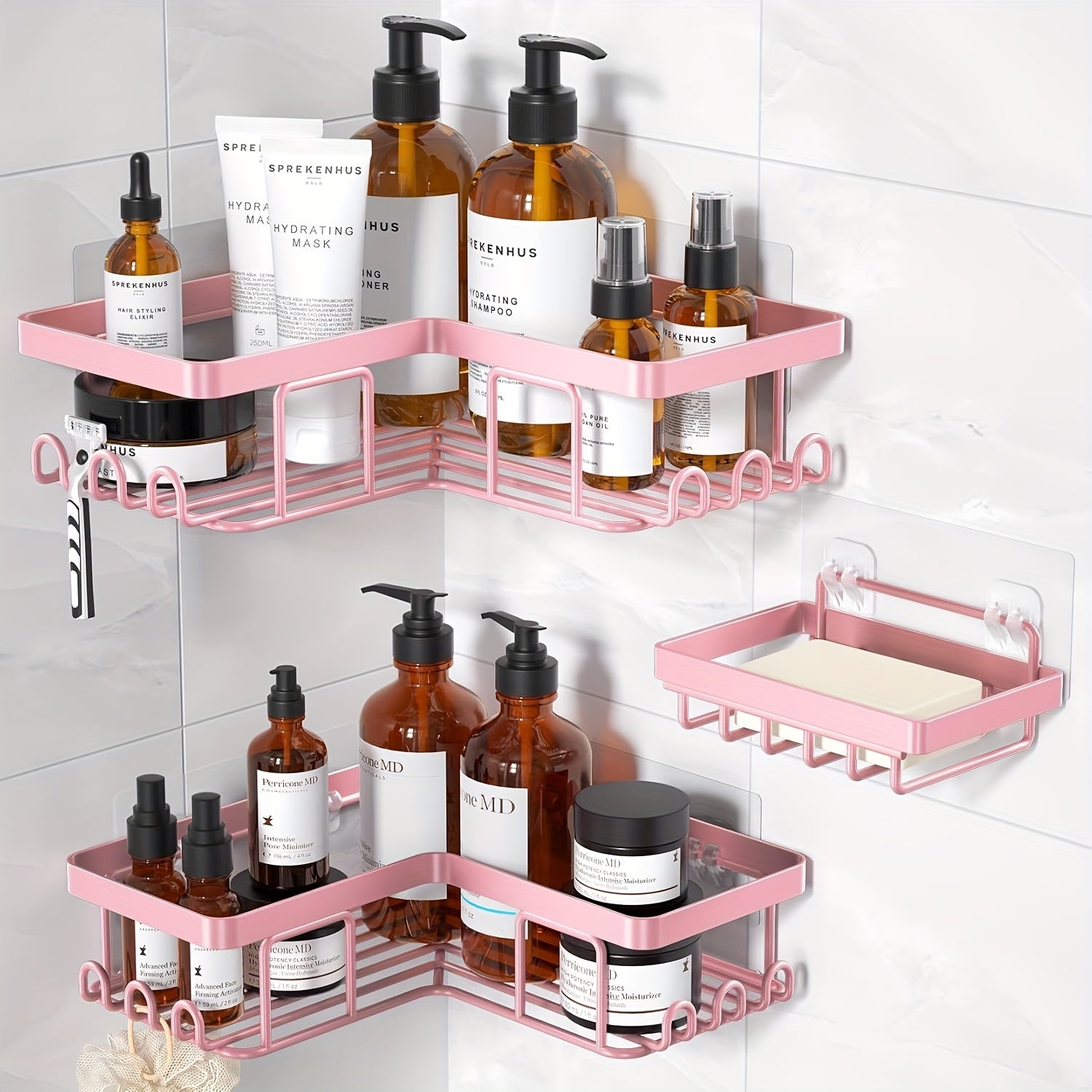 Drill-Free Corner Shower Caddy 3-Pack with 12 Hooks – Adhesive Bathroom Corner Shelf Organizer, Rust-Proof Shower Storage Rack for Shampoo Soap Razor