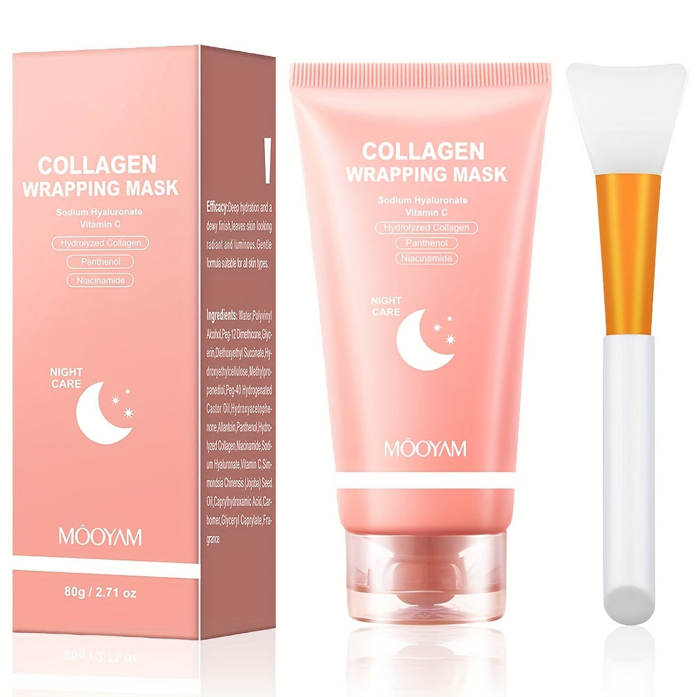 Nighttime Collagen Mask with a Brush for Improved Elasticity And Hydration, Featuring Hydrolyzed Collagen, Niacinamide, Sodium Hyaluronate, And Vitamin C - Formulated for Korean Skincare, 2.71 Ounces