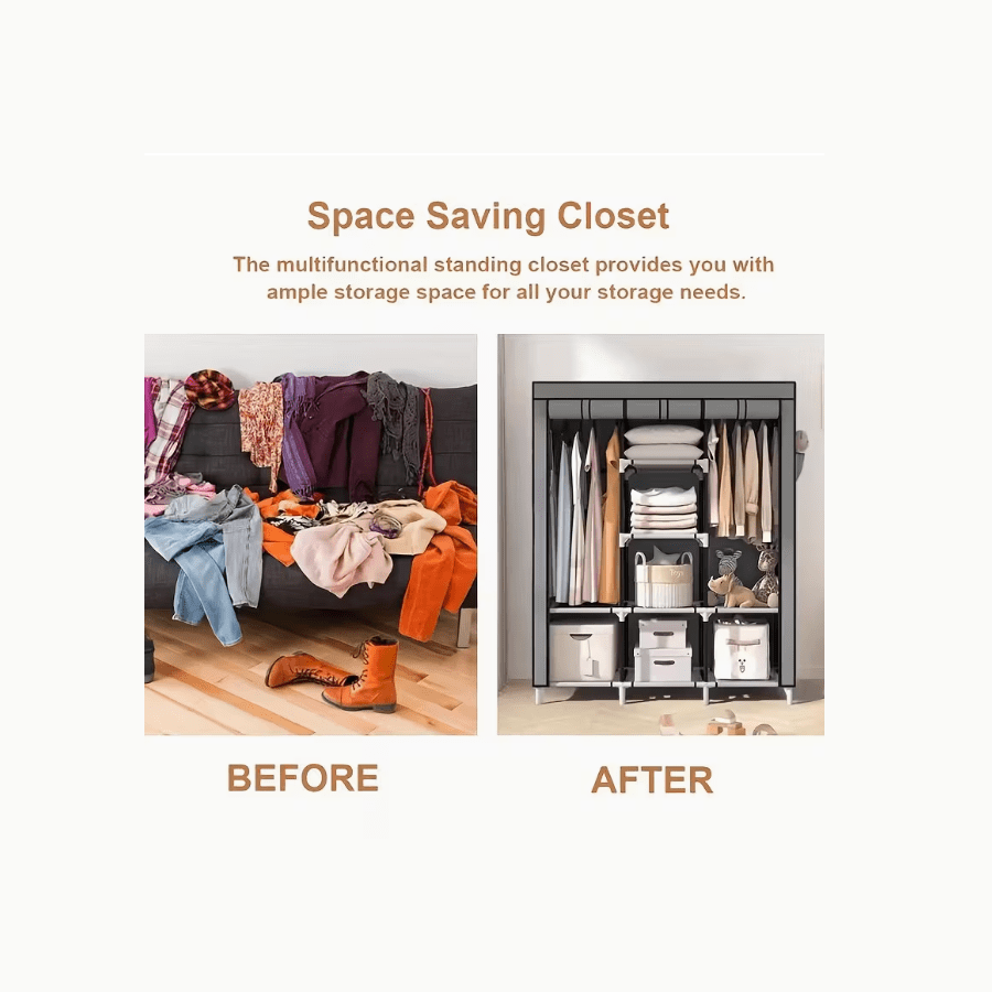 Portable Wardrobe Closet Clothes Organizer Non-Woven Fabric Cover with 6 Storage Shelves, 2 Hanging Sections, And 4 Side Pockets, Bedroom Wardrobe Dust-proof Storage, Portable Assembly Wardrobe, Living Room Wardrobe, Sturdy And Durable Wardrobe (170*128*4