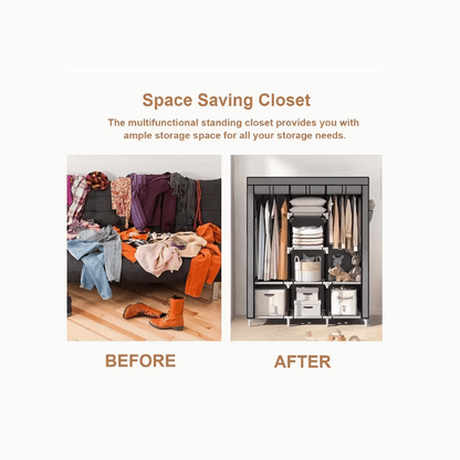Freestanding Fabric Wardrobe Closet 170x128cm – Non-Woven Portable Clothes Organizer with 6 Shelves, 2 Hanging Sections & 4 Side Pockets, Dustproof Bedroom & Living Room Storage