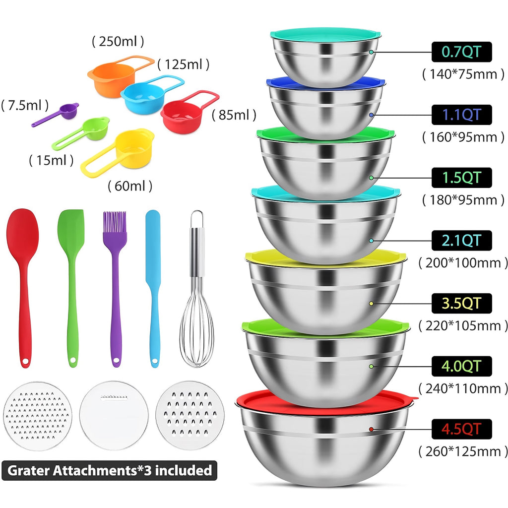 7pcs Stainless Steel Mixing Bowl Set, Multifunctional Stacking Mixing Bowls with Lids and Accessories for Home, Kitchen, Cooking - TU-JC-SLW003-US