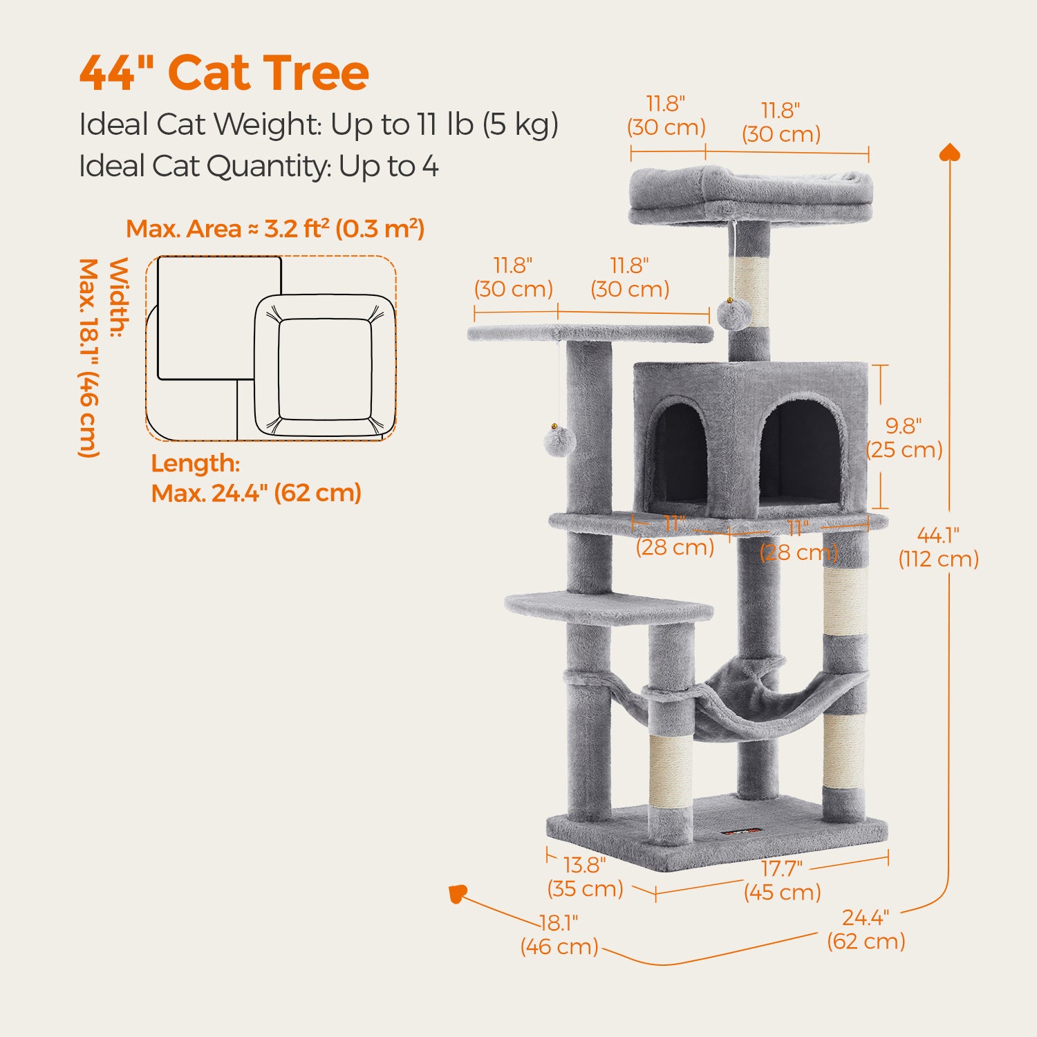 Cat Tree, 44.1-Inch Cat Tower for Indoor Cats, Multi-Level Cat Condo with Scratching Posts, Perches, Hammock and Cave, Smoky Gray