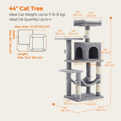 Cat Tree 44-Inch Multi-Level Cat Tower for Indoor Cats – Cat Condo with Scratching Posts, Perches, Hammock & Cave, Plush Smoky Gray, Fits Up to 4 Cats