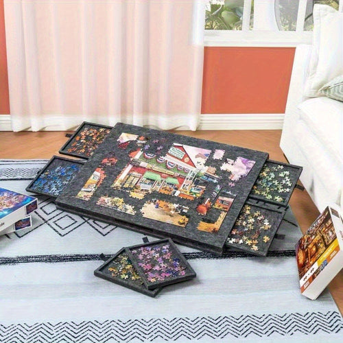 Portable Puzzle Table for 1500pcs Puzzles - 6 Sorting Trays, Adjustable Angle Bracket, Built-In Dust Cover & Felt Board, Father's Day Gift for Puzzle Lovers