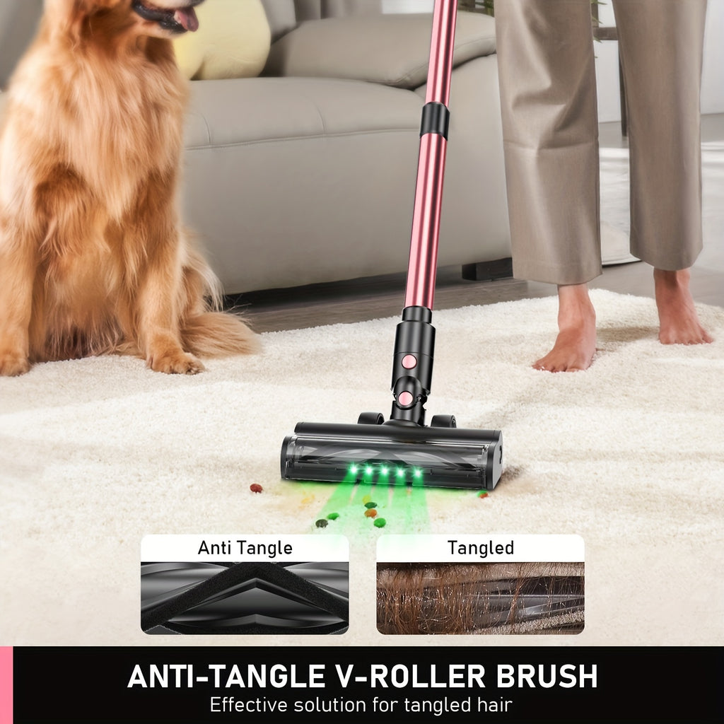 Cordless Vacuum Cleaner, 8-in-1 Lightweight Stick Vacuum Powerful Suction, 3 Suction Modes, LED Display, Anti-Tangle Vacuum Cleaner for Home, Hard Floor, Carpet, Pet Hair, Pink