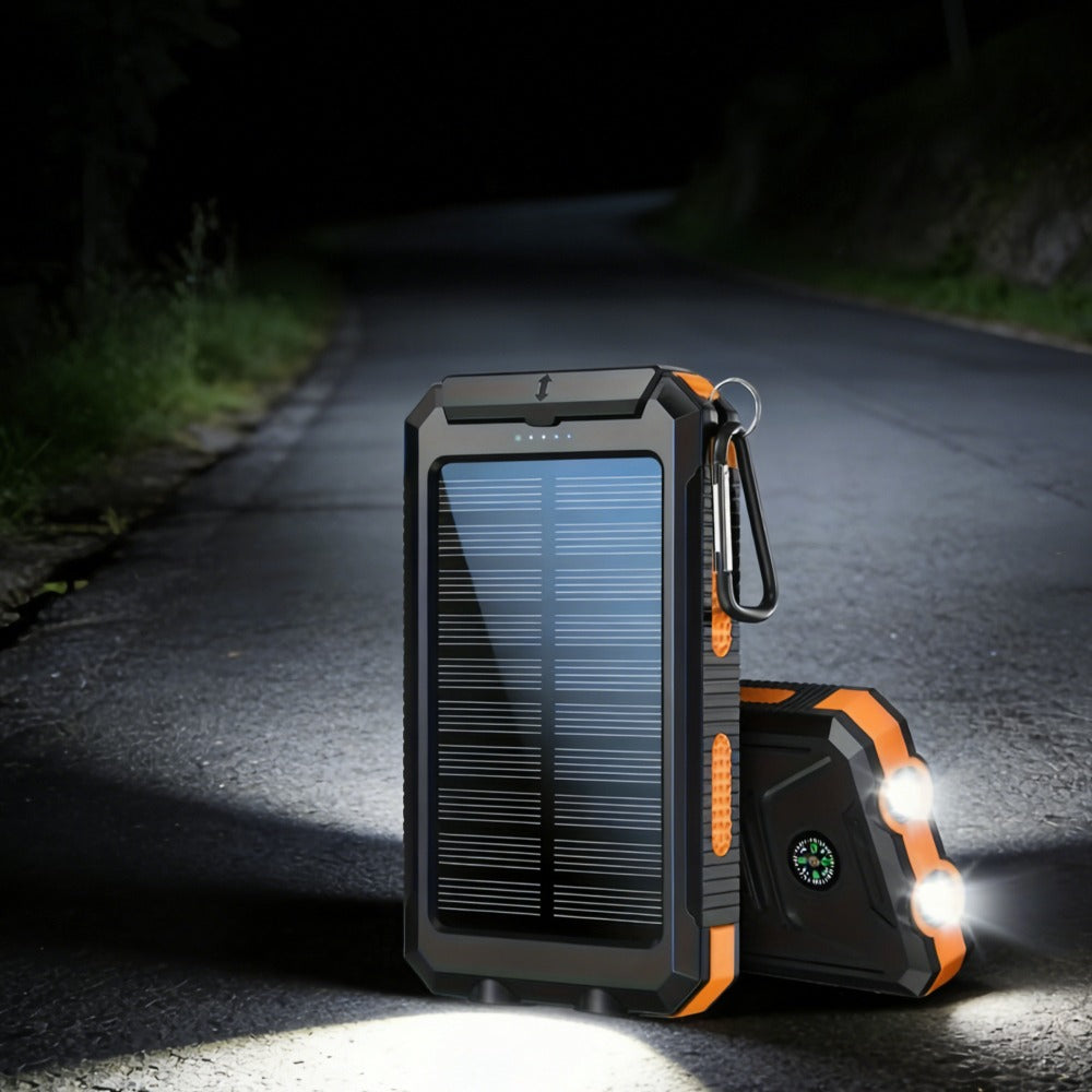 20000mAh Solar Power Bank for Camping, Dual USB Ports, LED Flashlight & Compass – Portable Solar Phone Charger External Battery for Outdoor Activities, Hiking & Emergency