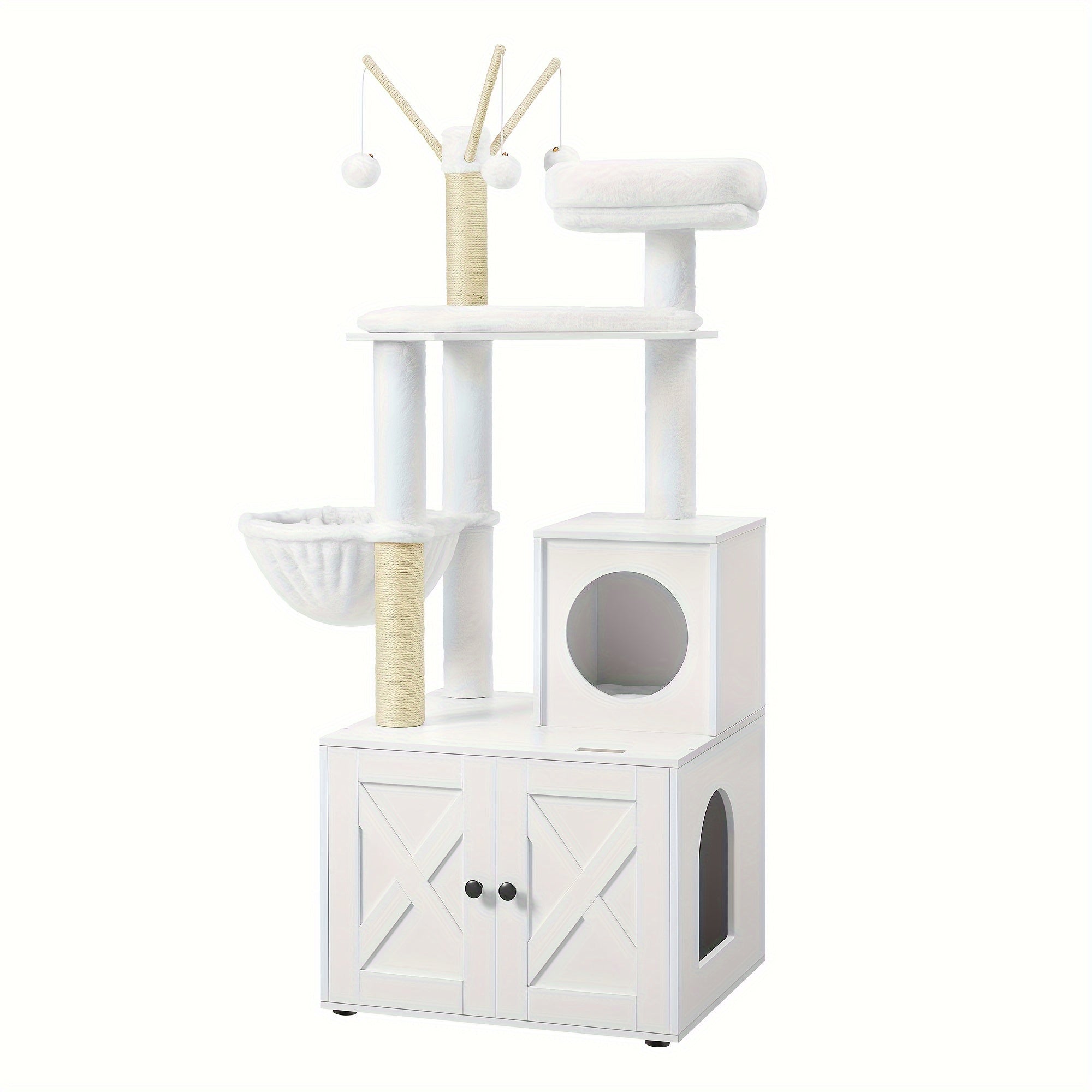 2-in-1 Cat Tree with Hidden Litter Box Enclosure – Modern Cat Condo with Scratching Posts & Removable Pompom Toys, Space-Saving Cat Furniture for Indoor Cats