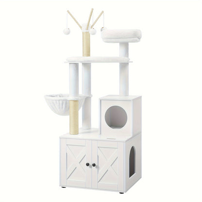 2-in-1 Cat Tree with Hidden Litter Box Enclosure – Modern Cat Condo with Scratching Posts & Removable Pompom Toys, Space-Saving Cat Furniture for Indoor Cats