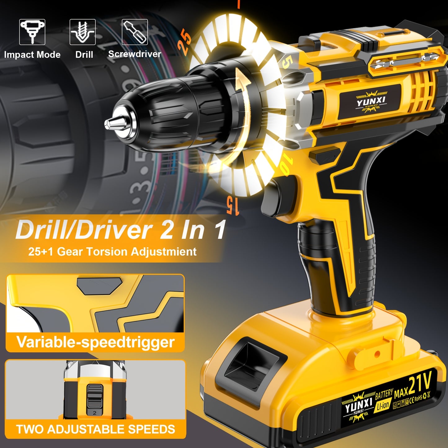 21V Cordless Drill Electric Screwdriver – Lithium Impact Drill Kit with Multifunctional Pistol Grip, Rechargeable Power Tool for Home & DIY