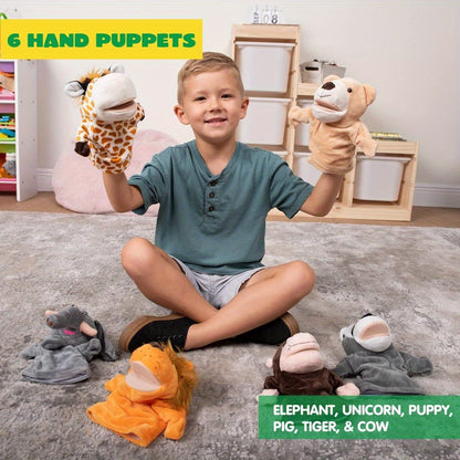6pcs Kids Animal Hand Puppet Set with Working Mouths - Elephant, Giraffe, Lion, Bear, Raccoon & Monkey Plush Puppets for Puppet Show Theater, Birthday Gift for Toddlers