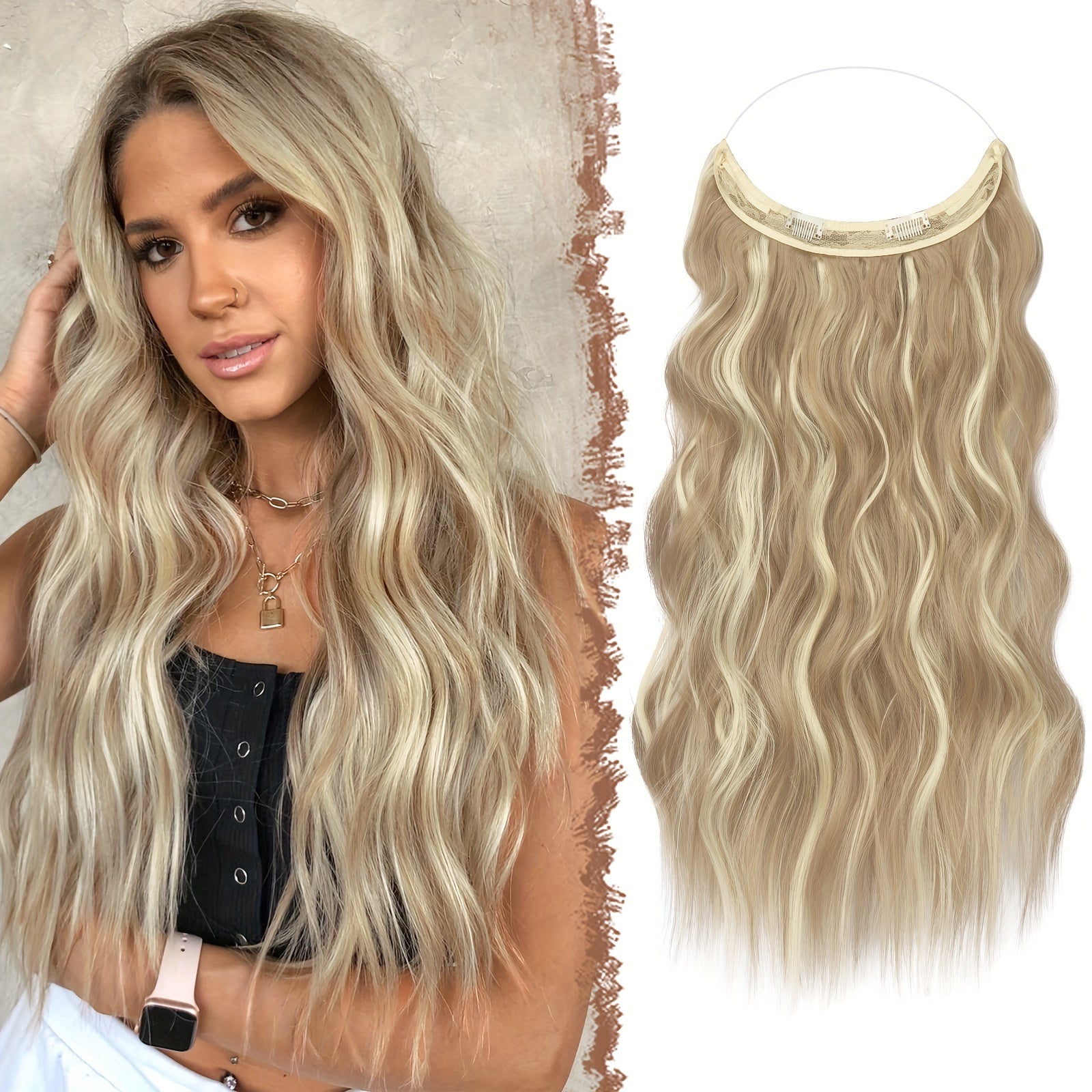 Invisible Wire Hair Extensions 20 Inch – Transparent Wire Long Wavy Synthetic Hairpiece with Secret Headband & Clips for Women, Dark Ash Blonde Mixed Bleach Blonde