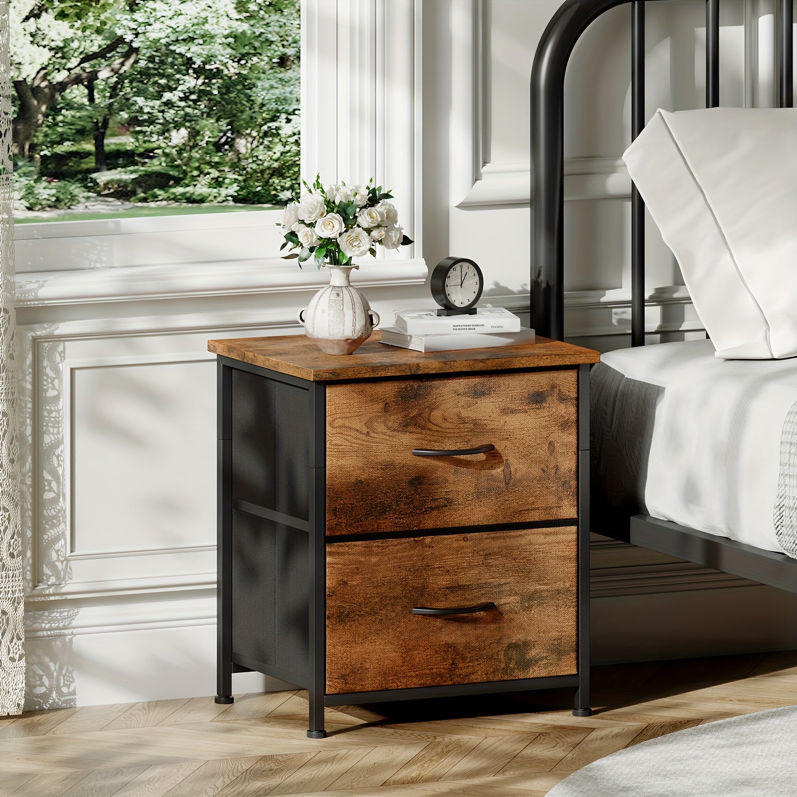 EUNOS 2-Drawer Nightstand with Removable Fabric Bins – Sturdy Steel Frame, Wood Top Bedside Table | Small Dresser for Bedroom, Closet & Living Room | 3 Finishes, 1pc & 2pc Options | ShopVora CA