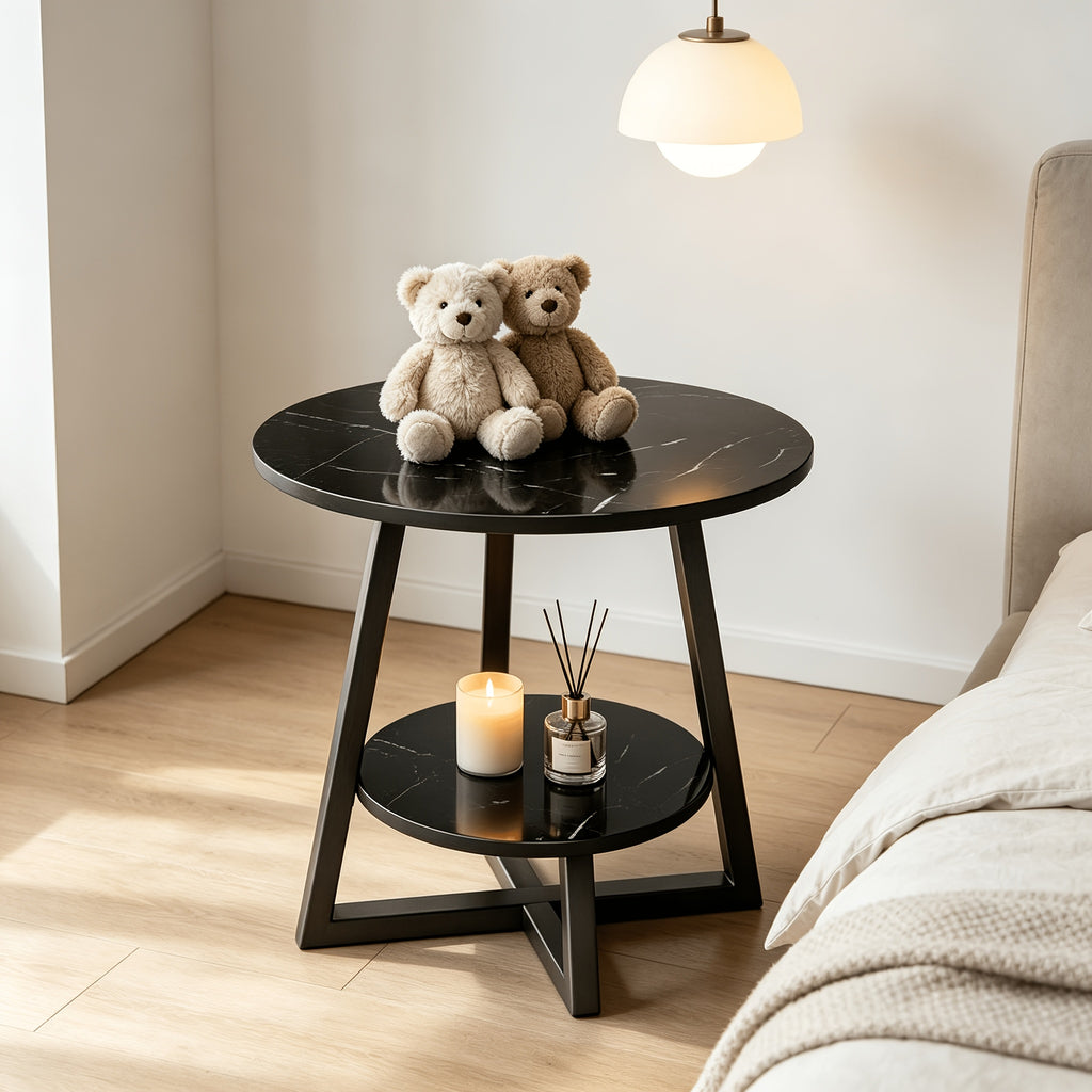 Multi-Purpose 2-Tier Round Coffee Table with Heavy-Duty Construction And Smooth Marble Effect Top, Stylish Storage End Table for Living Room, Bedroom, Dorm, And Home Office